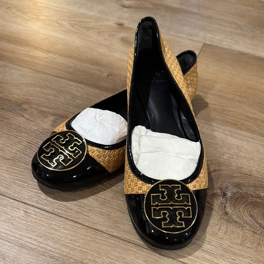 Tory Burch Black and Tan Flats with Medallion Detail